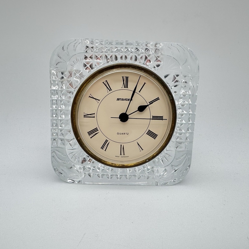 STAIGER Mantel Clock Quartz Lead Crystal Vintage 4" West Germany German Clear